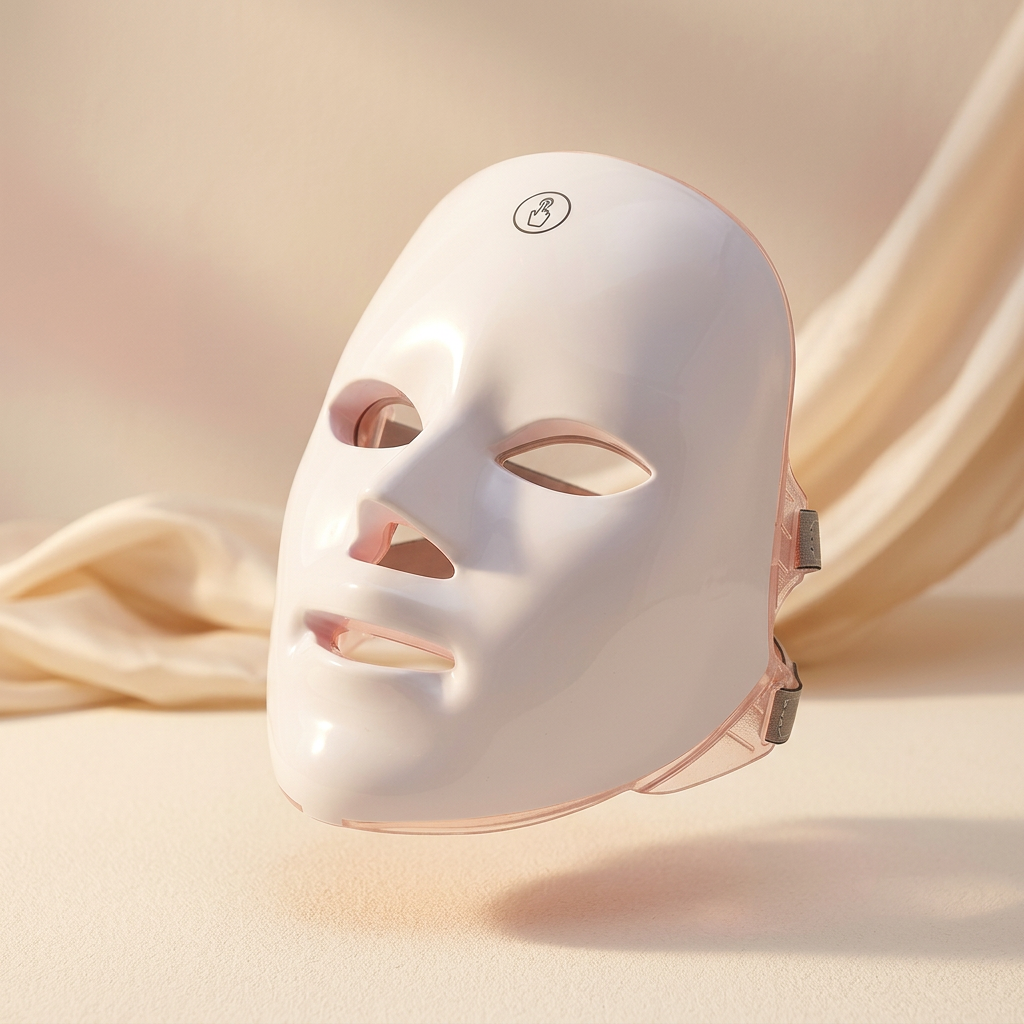 AuraLume wireless LED beauty mask on a sculptural cream pedestal
